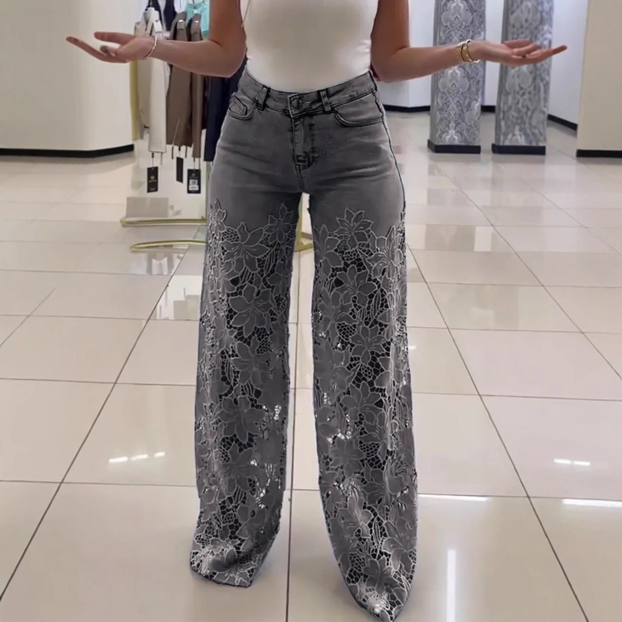 "Pantalon Jean Taille Haute à Fleurs en Dentelle - Mode Femme