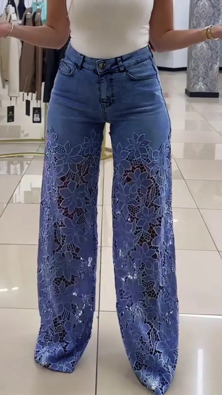 "Pantalon Jean Taille Haute à Fleurs en Dentelle - Mode Femme