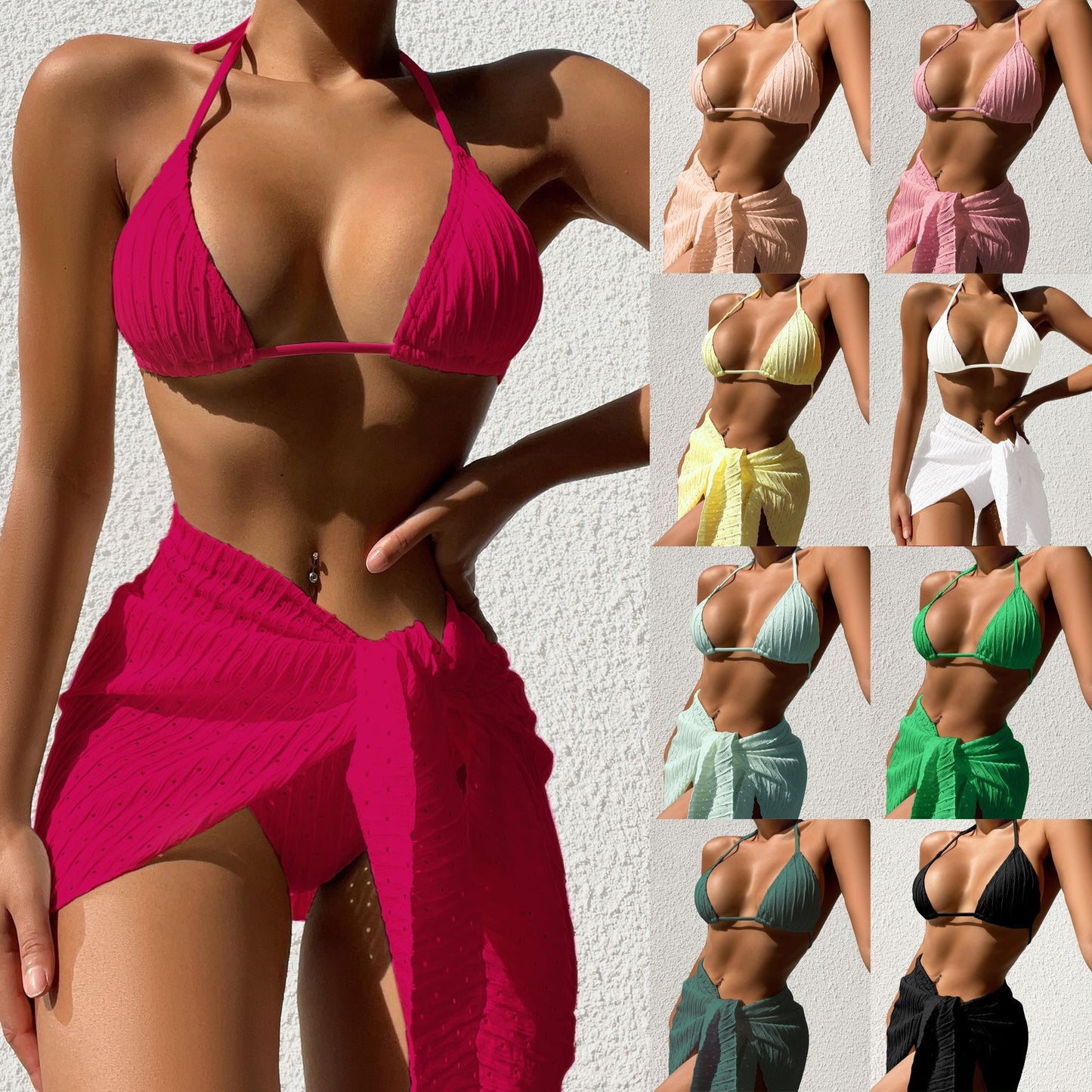 Ensemble bikini 3 pièces dos nu avec jupe en mesh