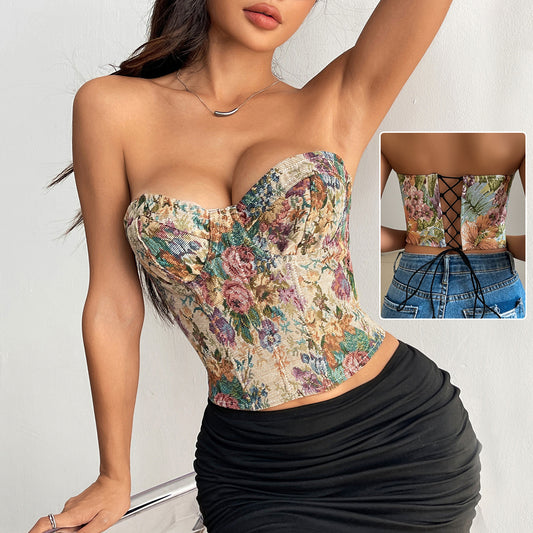 Top corset à fleurs – Style élégant avec laçage au dos
