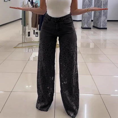 "Pantalon Jean Taille Haute à Fleurs en Dentelle - Mode Femme