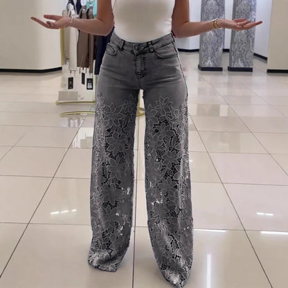 "Pantalon Jean Taille Haute à Fleurs en Dentelle - Mode Femme