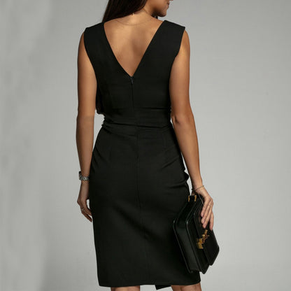 Robe d'été fendue à col V, sans manches, slim et taille haute