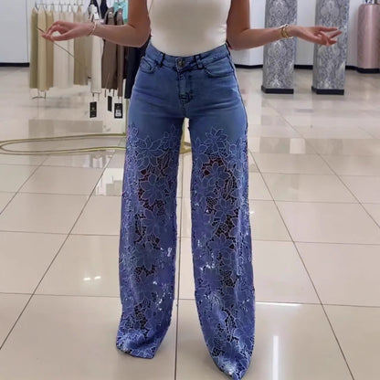 "Pantalon Jean Taille Haute à Fleurs en Dentelle - Mode Femme
