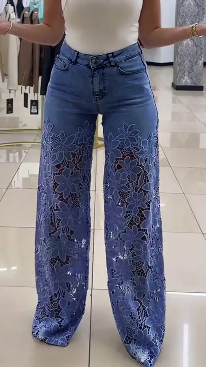 "Pantalon Jean Taille Haute à Fleurs en Dentelle - Mode Femme