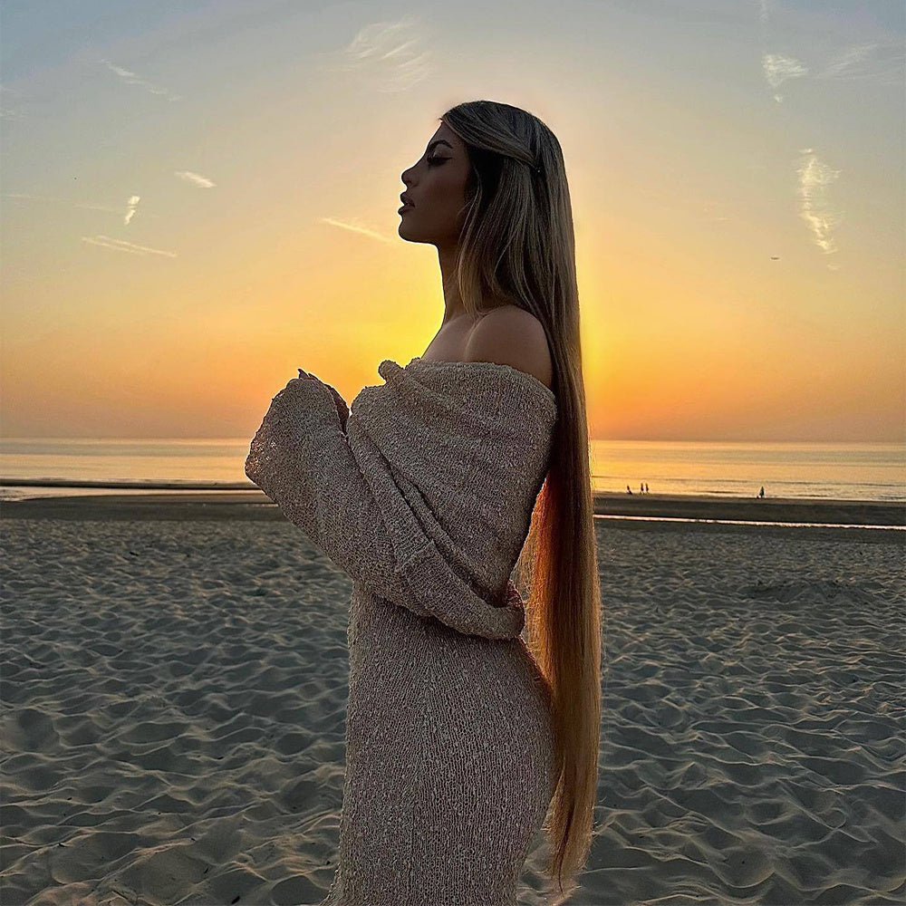 Robe longue à col creux tricoté pour vacances de plage