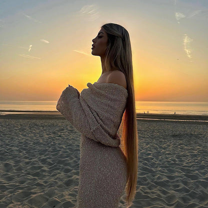 Robe longue à col creux tricoté pour vacances de plage