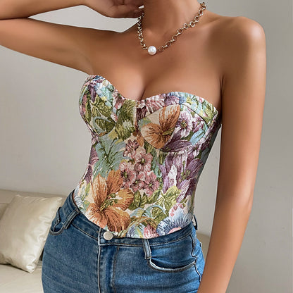 Top corset à fleurs – Style élégant avec laçage au dos