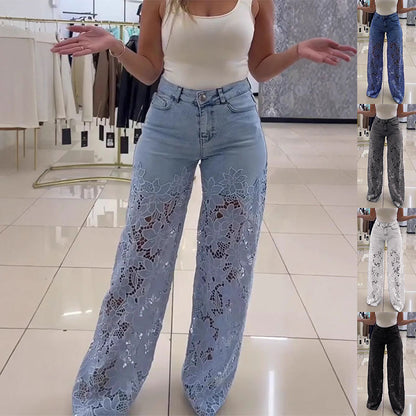 "Pantalon Jean Taille Haute à Fleurs en Dentelle - Mode Femme