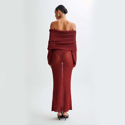 Robe longue à col creux tricoté pour vacances de plage