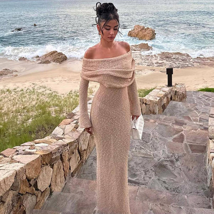 Robe longue à col creux tricoté pour vacances de plage