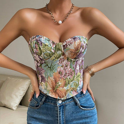 Top corset à fleurs – Style élégant avec laçage au dos
